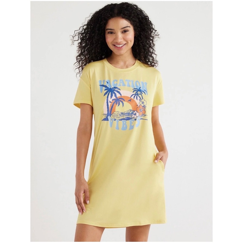 Joyspun Snapdragon Yellow Vacation Vibes Sleep‎ Shirt SideSeam Pockets S-M